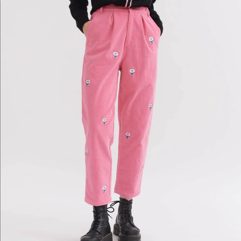 Lazy Oaf pink corduroy cat pants